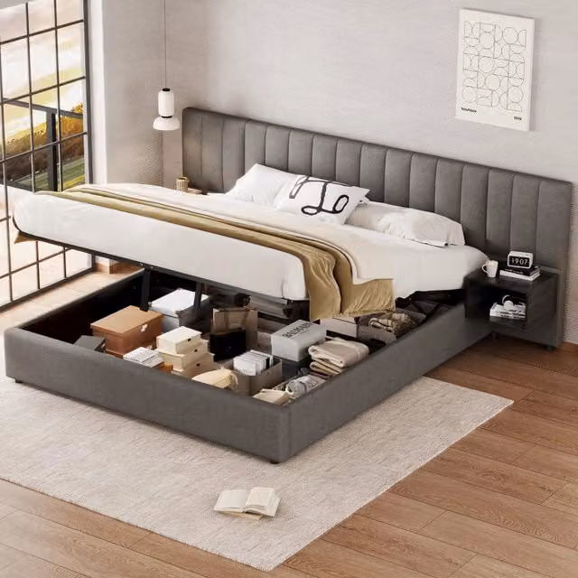 Letto matrimoniale contenitore moderno in tessuto grigio con comodini e base a sollevamento L/P: 180 x 200 cm