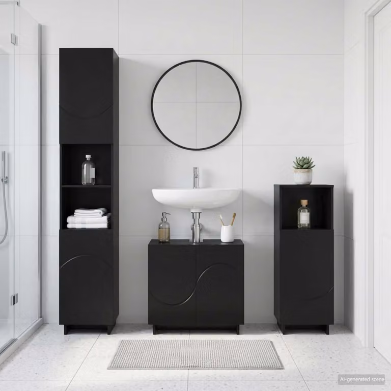 Set di mobili da bagno moderni vidaXL composto da mobileto alto e mobile sottolavabo in legno MDF nero opaco
