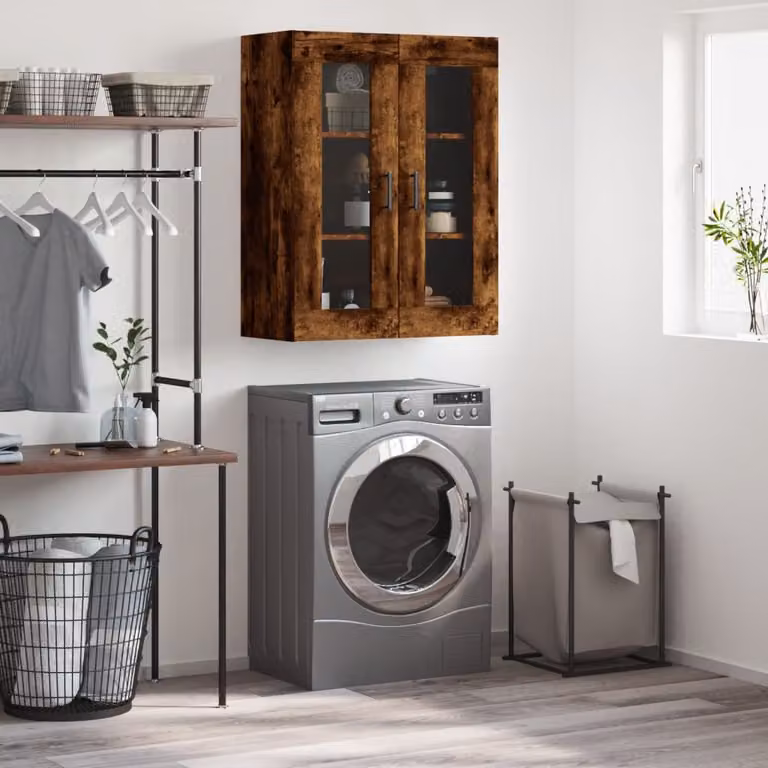 Mobile a parete vidaXL in rovere fumo con ante in vetro e ripiani interni, L: 69,5 cm, P: 34 cm, H: 90 cm