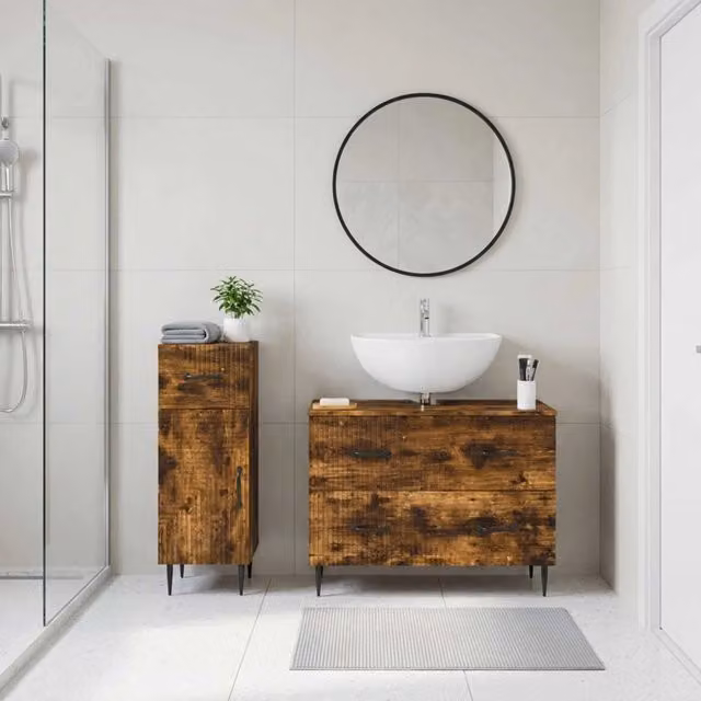 Set di mobili da bagno moderni vidaXL in legno rovere marrone opaco con cassetti e ante, composto da 2 pezzi