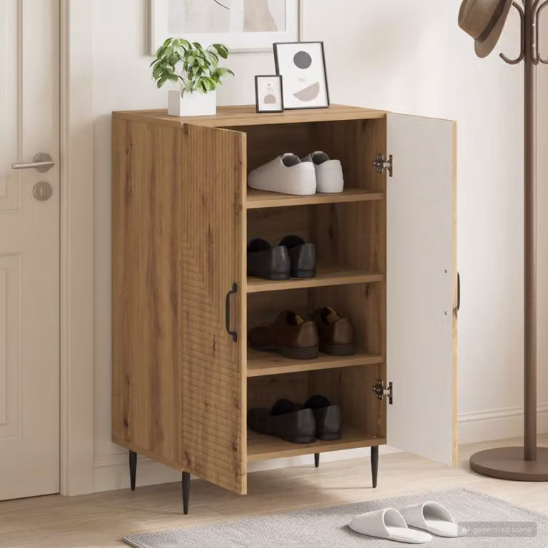 Mobile porta scarpe vidaXL HAARLEM in legno e metallo, finitura rovere, L: 59,5 cm, P: 39,5 cm, H: 89,5 cm