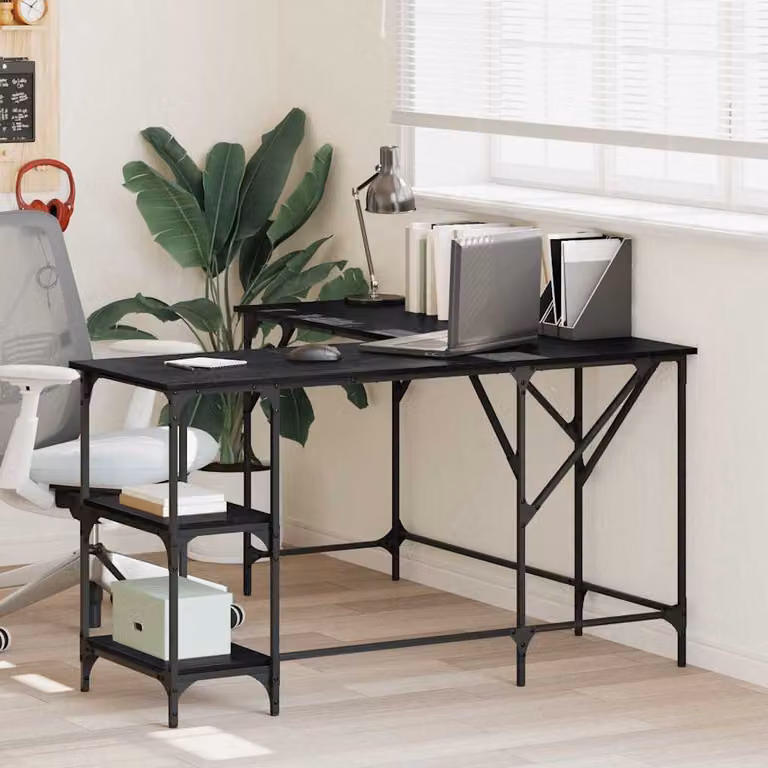 Scrivania angolare vidaXL in stile industriale, colore nero e rovere, in legno MDF e metallo, L/P/H: 139 x 139 x 75 cm
