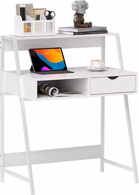 Scrivania Segretario Aosom in Stile Neo-Retro con Cassetto e Mensola in Metallo, Colore Bianco