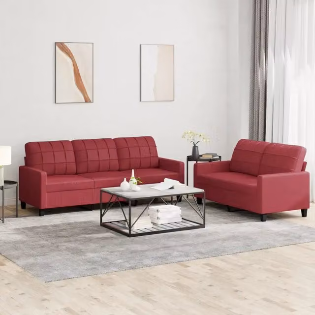 Set di divani vidaXL in similpelle rosso per soggiorno, composto da un divano a 2 posti e un divano a 3 posti con cuscini coordinati