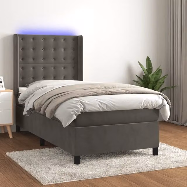 Letto con Materasso Ibrido vidaXL in Velluto Grigio con Illuminazione LED e Porte USB L/P/H: 90 x 190 cm