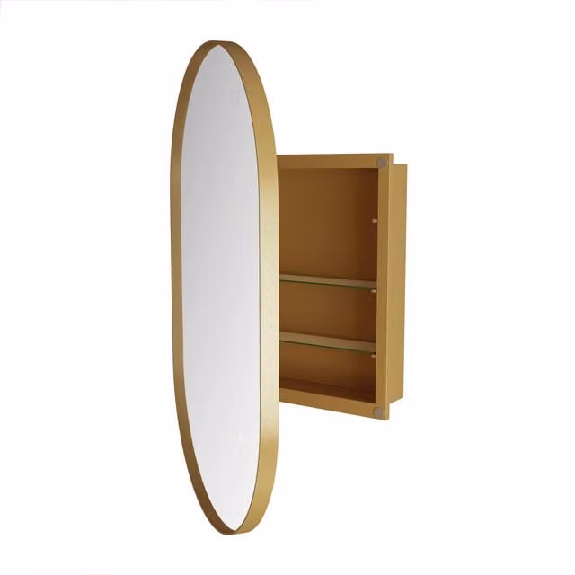 Armadio a specchio ovale B&F da parete con funzione anti-appannamento e ripiani interni, Oro, H 85 x L 51,5 x P 12 cm