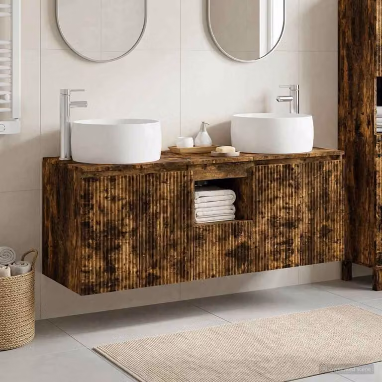 Set di 3 mobili da bagno moderni vidaXL in legno color rovere fumo, con pensili e base con ripiani interni, L: 49,5 cm, P: 44,5 cm, H: 66 cm
