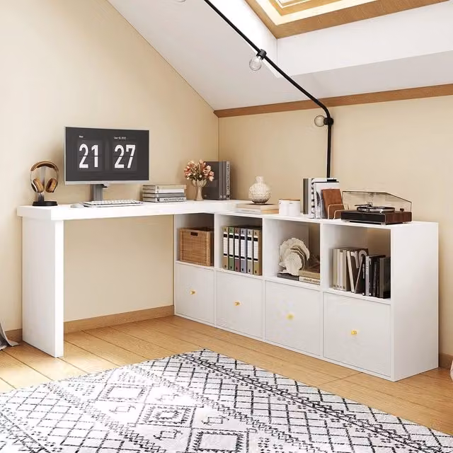 Scrivania Angolare Xylo con Piano Rotante 360 e Cassetti in MDF Bianco