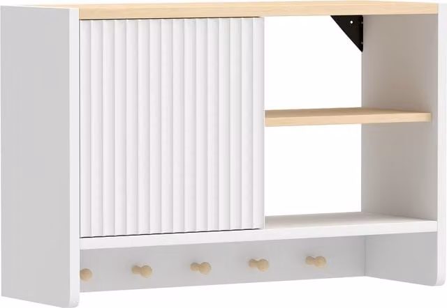 Mobile contenitore da parete per bagno HOMCOM con anta, ripiani aperti e 5 ganci, Bianco, L: 60 cm, P: 20 cm, H: 40 cm