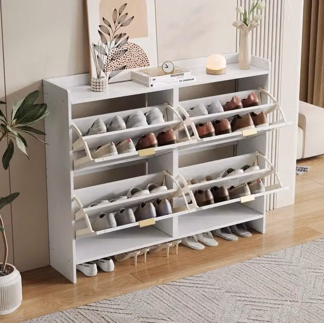 Scarpiera bianca minimalista con vani ribaltabili e ripiani interni in MDF L/P/H: 110 x 24 x 90 cm