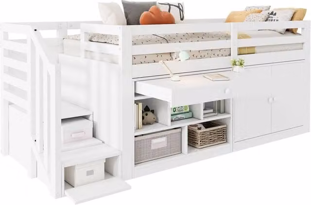 Letto multifunzionale REDOM per bambini in legno bianco con scala e cassetti L/P/H: 90 x 200 cm