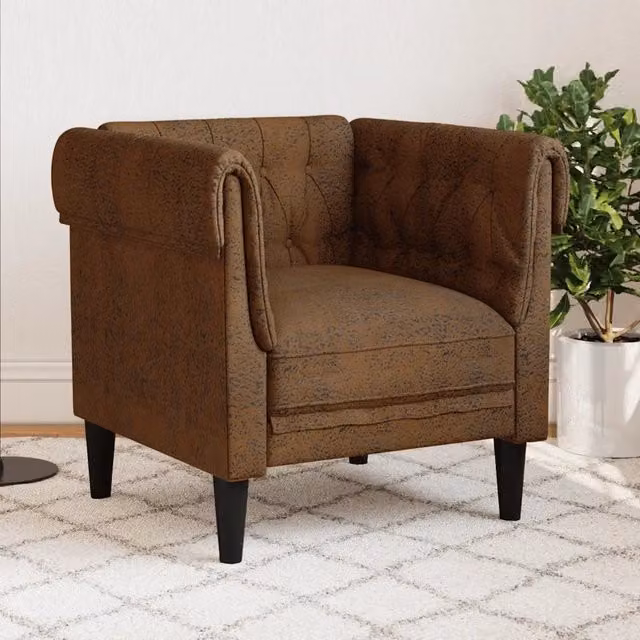 Poltrona Chesterfield vidaXL in tessuto marrone con braccioli e struttura in legno e composito