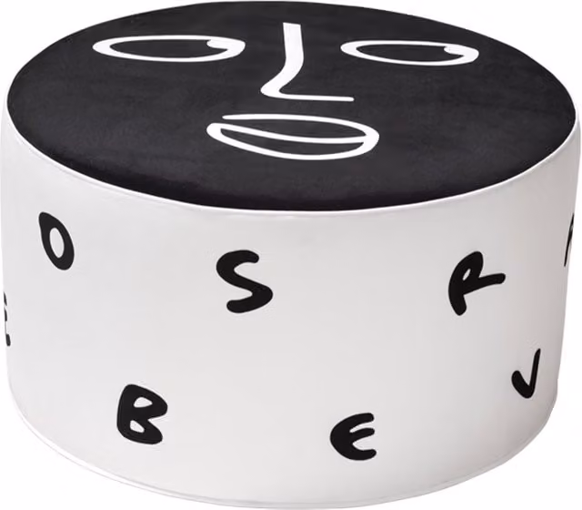 Pouf cilindrico Qeeboo Midnight Monologue M in tessuto bianco e nero con design astratto moderno