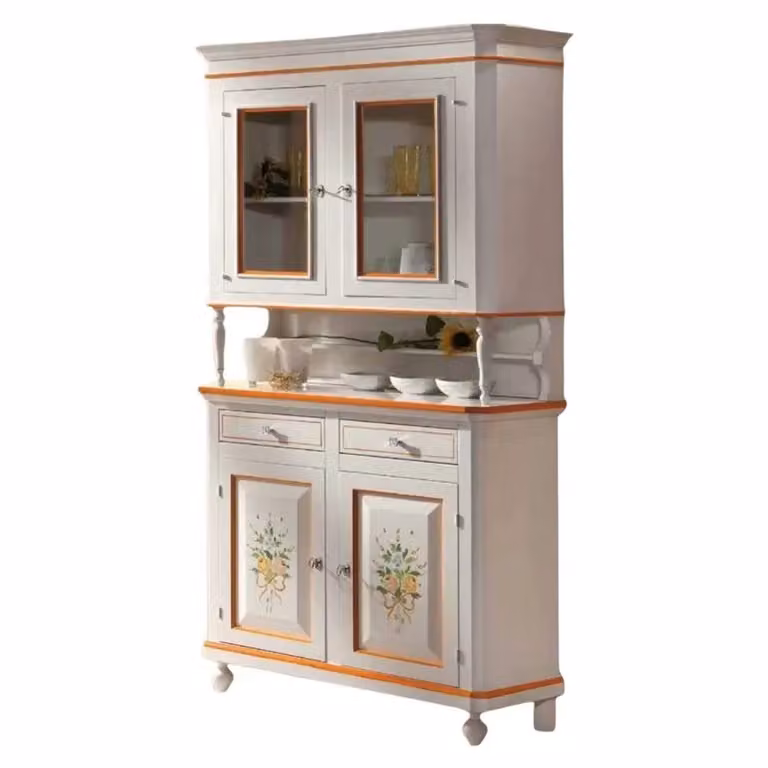 Cristalliera napoletana Mobili 2G in legno stile shabby chic bianco con decori floreali L/P/H: 104 x 43 x 208 cm