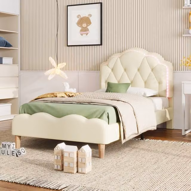 Letto Imbottito Aosom Italy con Testiera Ondulata in Pelle PU, Striscia LED Integrata e Doghe in Legno, Bianco, 90x200 cm
