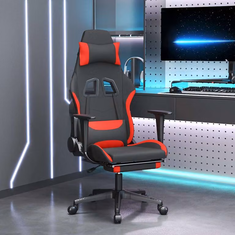 vidaXL Sedia da Gaming con Poggiapiedi in Tessuto Rosso e Nero con Braccioli e Ruote