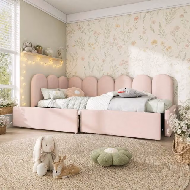 Letto singolo daybed moderno imbottito in velluto rosa con cassetti L/P/H: 208 x 94 x 76 cm
