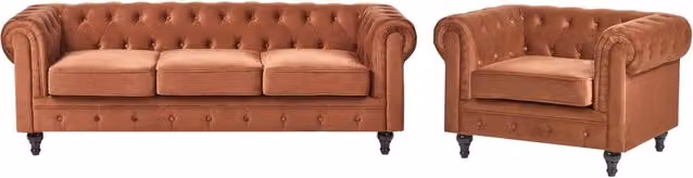 Set soggiorno Chesterfield Beliani IT in velluto marrone con divano a 3 posti e poltrona coordinata