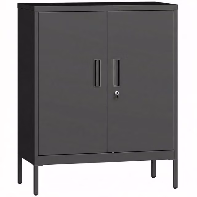 Armadio da ufficio HOMCOM in metallo nero con serratura, 2 ante e 2 ripiani, L: 80 cm, P: 40 cm, H: 100 cm