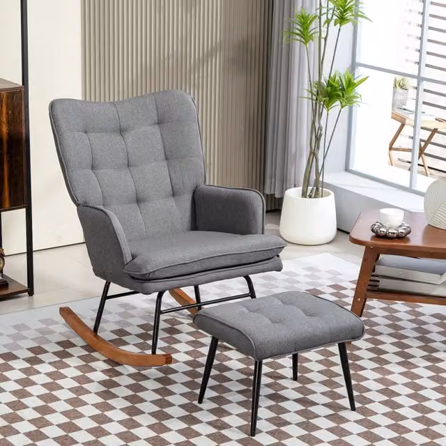 Poltrona a dondolo WISHDOR con poggiapiedi integrato e braccioli, rivestimento in tessuto effetto lino grigio scuro, H: 89 cm, L: 64 cm, P: 90 cm
