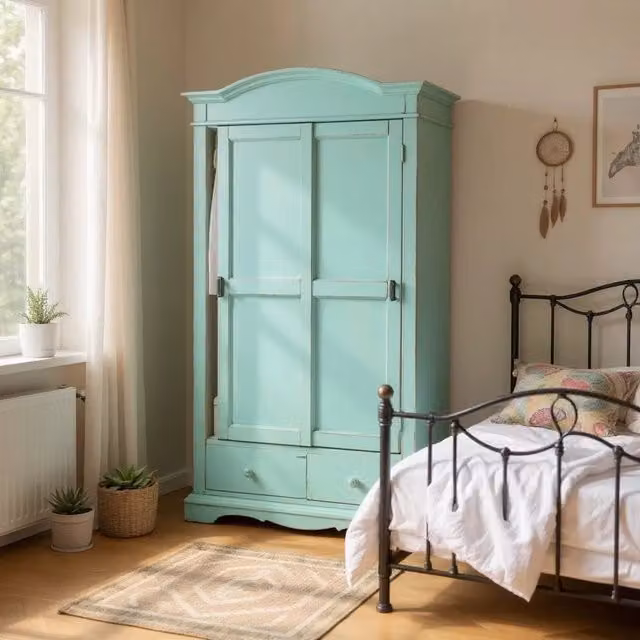 Armadio shabby chic in legno di pino con 2 ante scorrevoli e cassetti integrati Mobili 2G colore verde, L: 122 cm, P: 59 cm, H: 200 cm