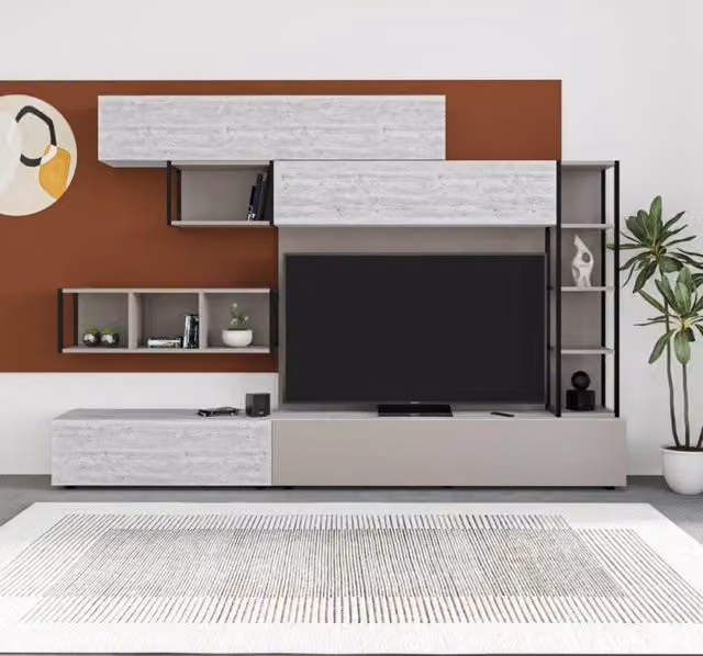 Parete attrezzata moderna Effezeta Italia Tronador in legno e metallo, colore light mocha e ancient white, Larghezza: 260 cm