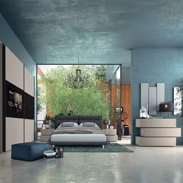 Set da camera da letto moderno Tezeta grigio con letto imbottito 180x200 cm, armadio, cassettiera, comodino e specchio