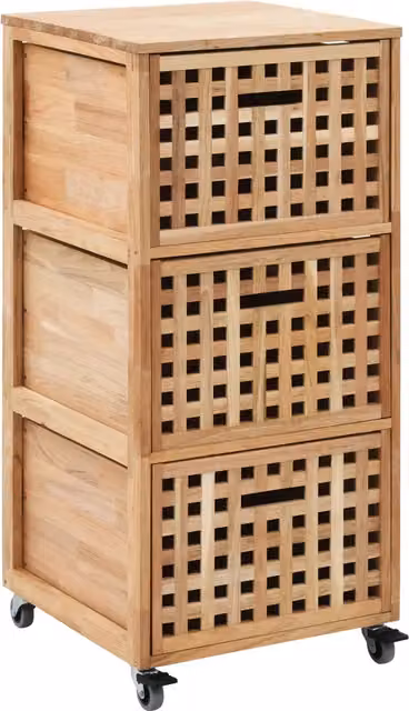 Elegante mobiletto da bagno moderno in noce naturale con 3 cestini, L/P/H: 41 x 41 x 91 cm
