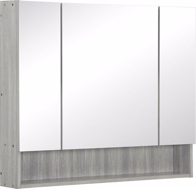 Armadietto da bagno con specchio kleankin in legno e vetro, 4 sezioni con ripiani regolabili, Grigio, L: 90 cm, P: 15 cm, H: 75 cm