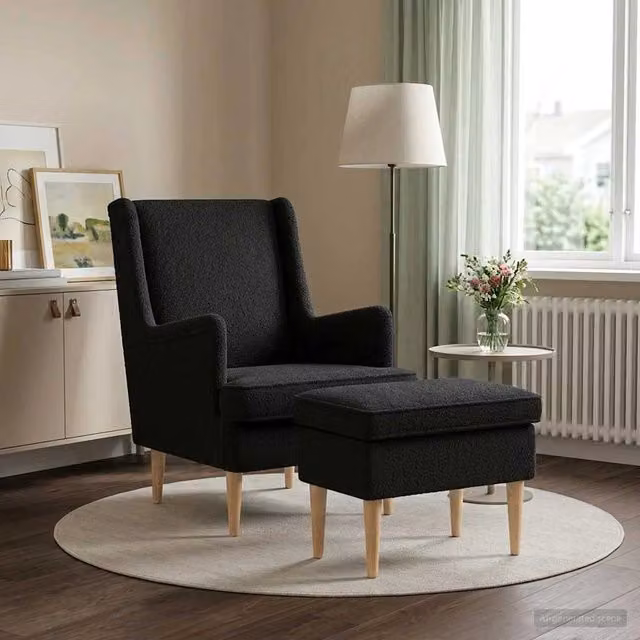 Set di Poltrona con Ottoman vidaXL in tessuto Bouclé Nero per Soggiorno e Camera da Letto