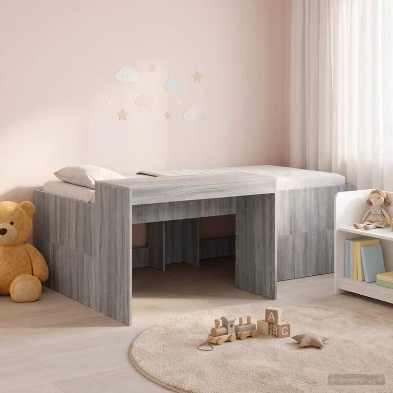 Letto alto per bambini con scrivania vidaXL in legno ingegnerizzato, colore grigio e quercia, L: 193,0 cm, P: 120,0 cm, H: 133,5 cm