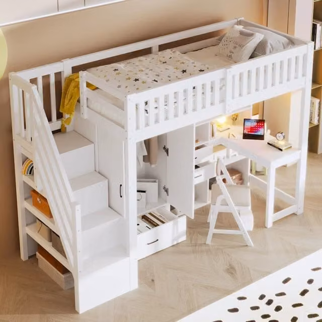 Letto a soppalco per bambini bianco con scrivania, armadio, cassetti e scala, L/P/H: 200 x 90 x 170 cm