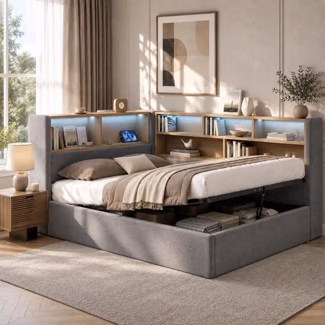 Letto matrimoniale moderno in velluto grigio con contenitore idraulico, illuminazione LED, porta USB-C e mensola integrata, L/P/H: 140 x 200 x 90 cm