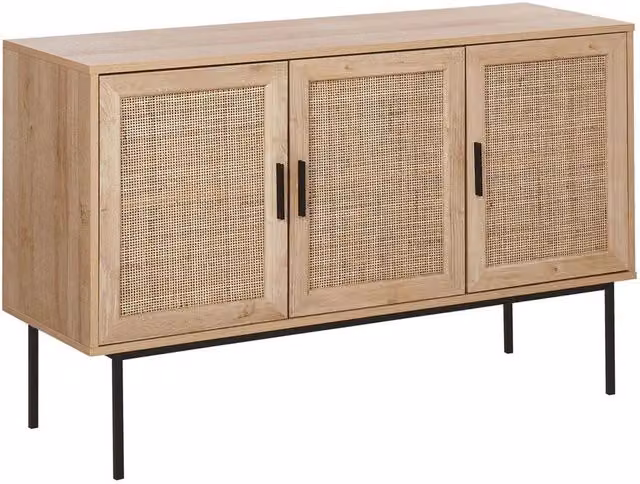 Credenza Beliani in stile Boho con dettagli in Rattan e Metallo, Colore Marrone e Beige, L: 120 cm