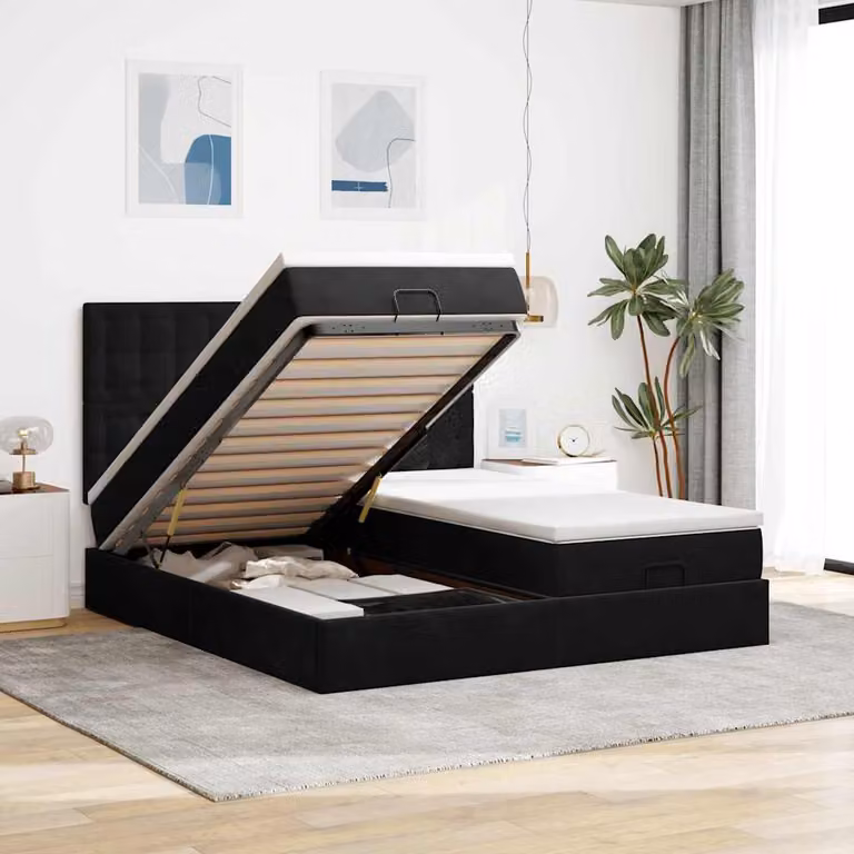 Letto con contenitore e pouf vidaXL in velluto nero con base a sollevamento, porte USB e illuminazione sottostante, L: 200 cm, P: 160 cm, H: 128 cm