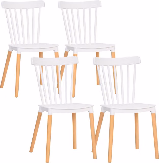 Set di 4 sedie in stile scandinavo HOMCOM con schienale alto, seduta in polipropilene e gambe in faggio, Bianco, L: 48 cm, P: 52,5 cm, H: 83 cm
