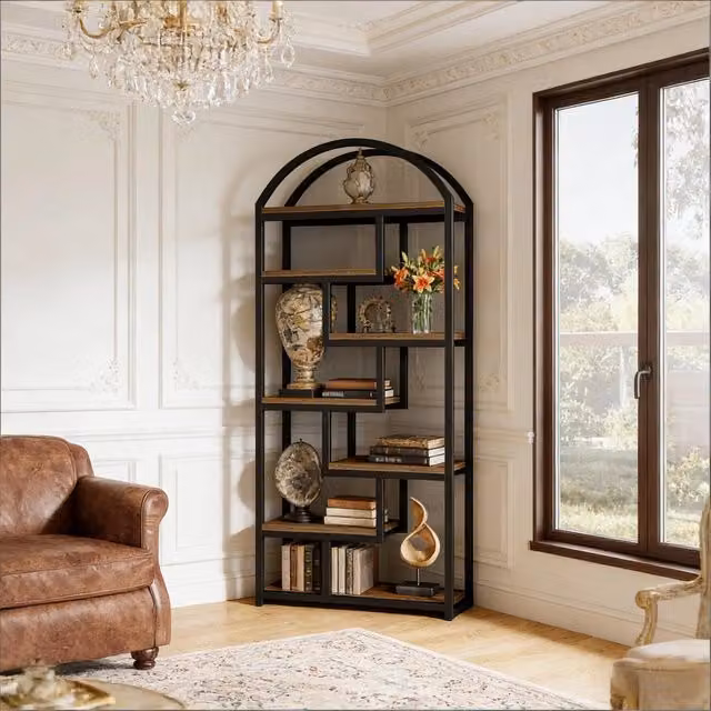 Libreria REDOM in stile industriale in MDF e metallo, Nero e Marrone rustico, Altezza: 180 cm