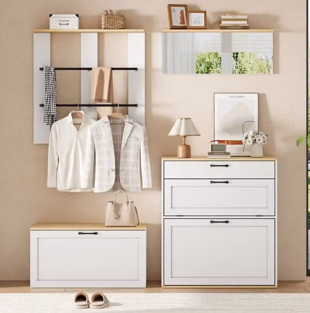 Mobile ingresso modulare MODFU con scarpiera, specchio e appendiabiti, bianco e marrone, L/P/H: 156 x 36 x 176 cm