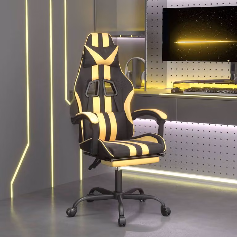 Sedia da Gaming Girevole vidaXL in Similpelle con Poggiapiedi e Poggiatesta, Nero e Oro