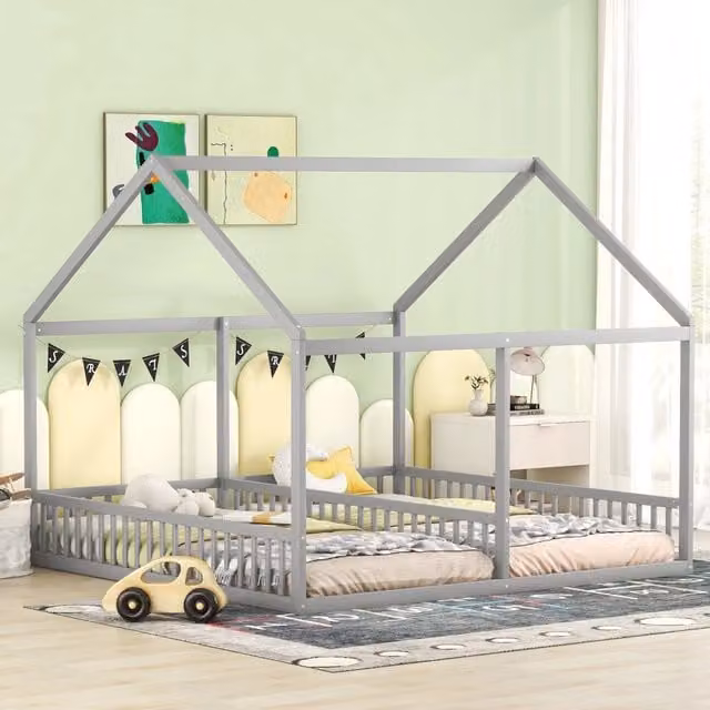 Letto a casetta Mivray per bambini con due letti affiancati in legno di pino e MDF, colore grigio, L/P/H: 204 x 90 x 168 cm