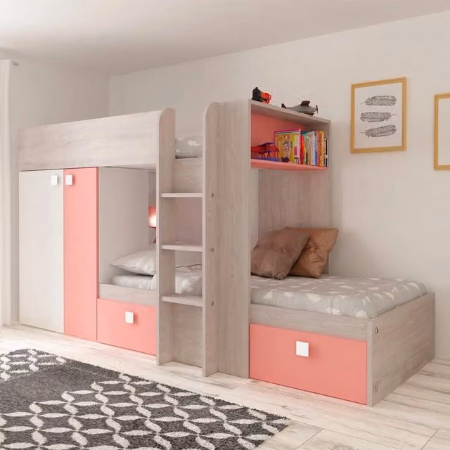 Letto a castello per bambini con armadio e cassetti, bianco e rosa flamingo, dimensioni 90x190 cm