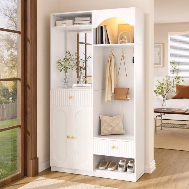 Set di mobili da ingresso MIVRAY moderno in MDF bianco con specchio, panca, illuminazione LED, ganci e ripiani regolabili L/P/H: 100 x 35 x 180 cm