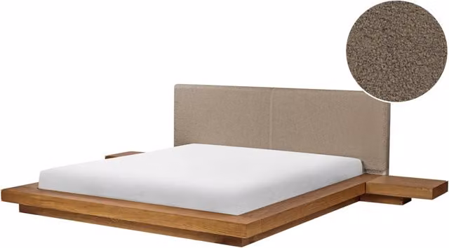 Letto matrimoniale BELIANI in stile giapponese in frassino naturale e bouclé tortora L/P/H: 200 x 180 x 35 cm