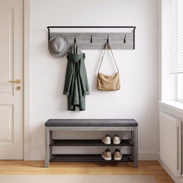 Appendiabiti da parete moderno vidaXL in legno e metallo, colore grigio, L 100 x P 30 x H 25 cm