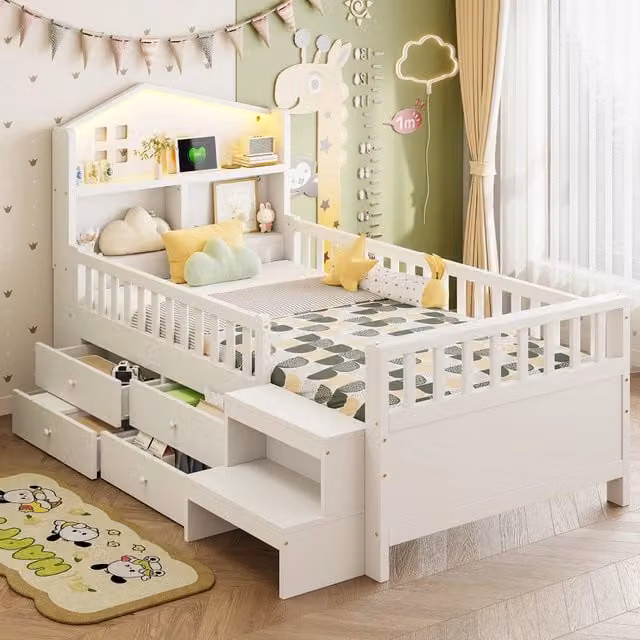 Letto a casetta Mivray per bambini in legno bianco con quattro cassetti, scalini laterali, illuminazione LED e porte USB e Type-C, L/P/H: 212 x 90 x 120 cm