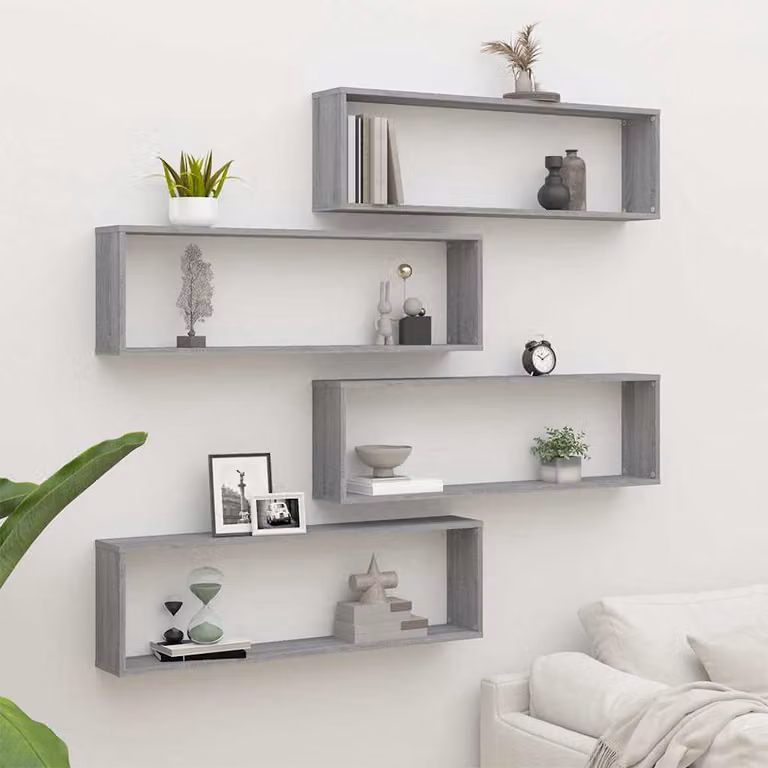 Set di 4 mensole a cubo vidaXL da parete in legno ingegnerizzato, colore grigio, L 100 cm x P 30 cm x H 15 cm