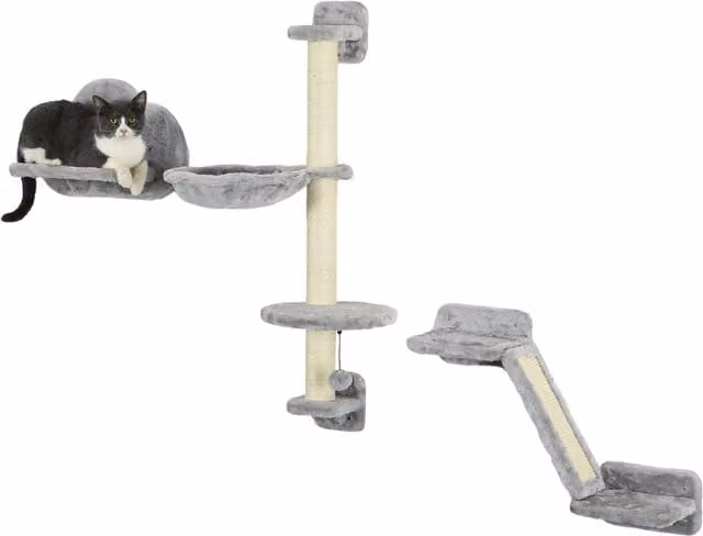 PawHut Set di 3 Mensole per Gatti con Amaca, Rampa e Tiragraffi a Forma di Nuvola, Grigio, H 96 x L 30 x P 30 cm