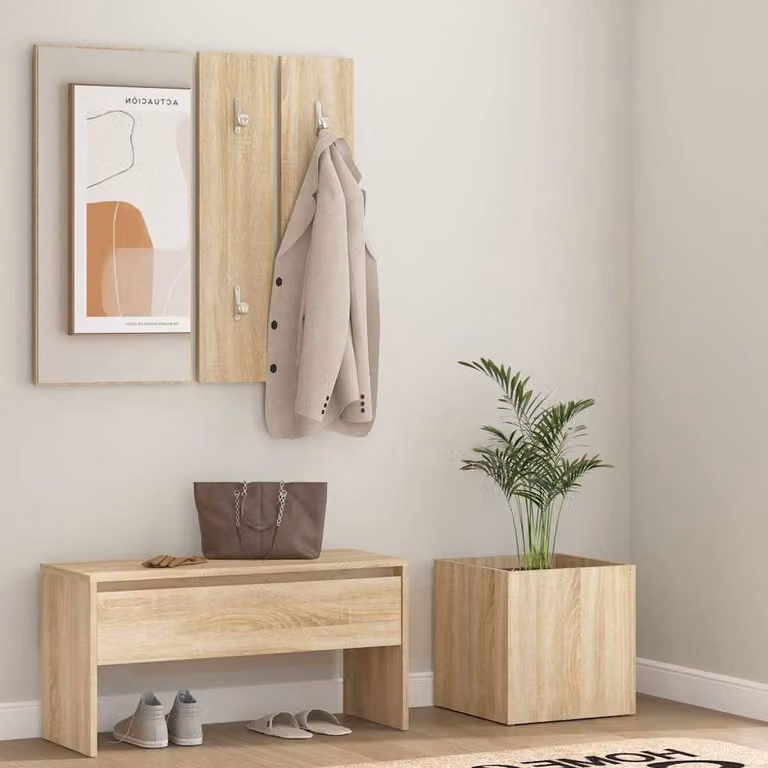 Set di Mobili da Corridoio Moderno vidaXL in Legno Rovere e Beige con Panca, Specchio e Appendiabiti