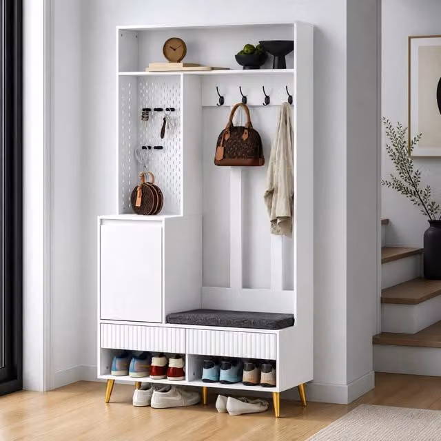 Set di mobili da ingresso MIVRAY moderno in MDF bianco con panca, 4 ganci, 2 cassetti e pannello forato L/P/H: 100 x 35 x 180 cm