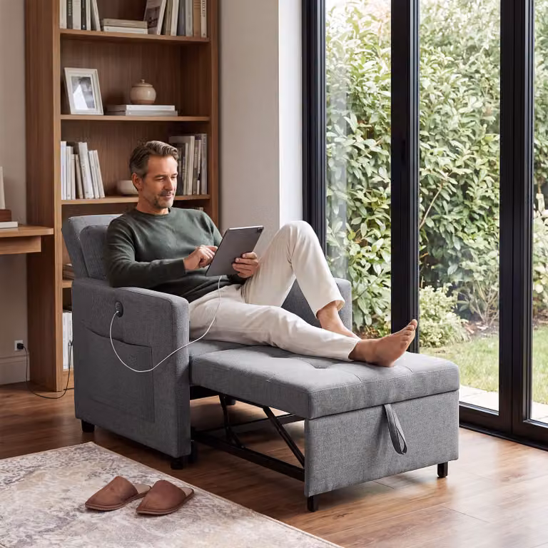 Poltrona letto pieghevole TecTake GmbH grigia con schienale regolabile e braccioli